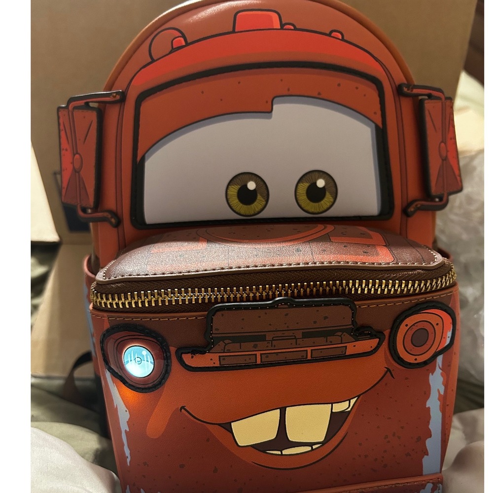 Disney Pixar Loungefly Cars Tow Mater Light Up Mini Backpack Brown Orange NEW - Picture 2 of 8